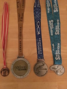 The full set. London Marathon 1984, Ride London 100  & Swim Serpentine both 2018